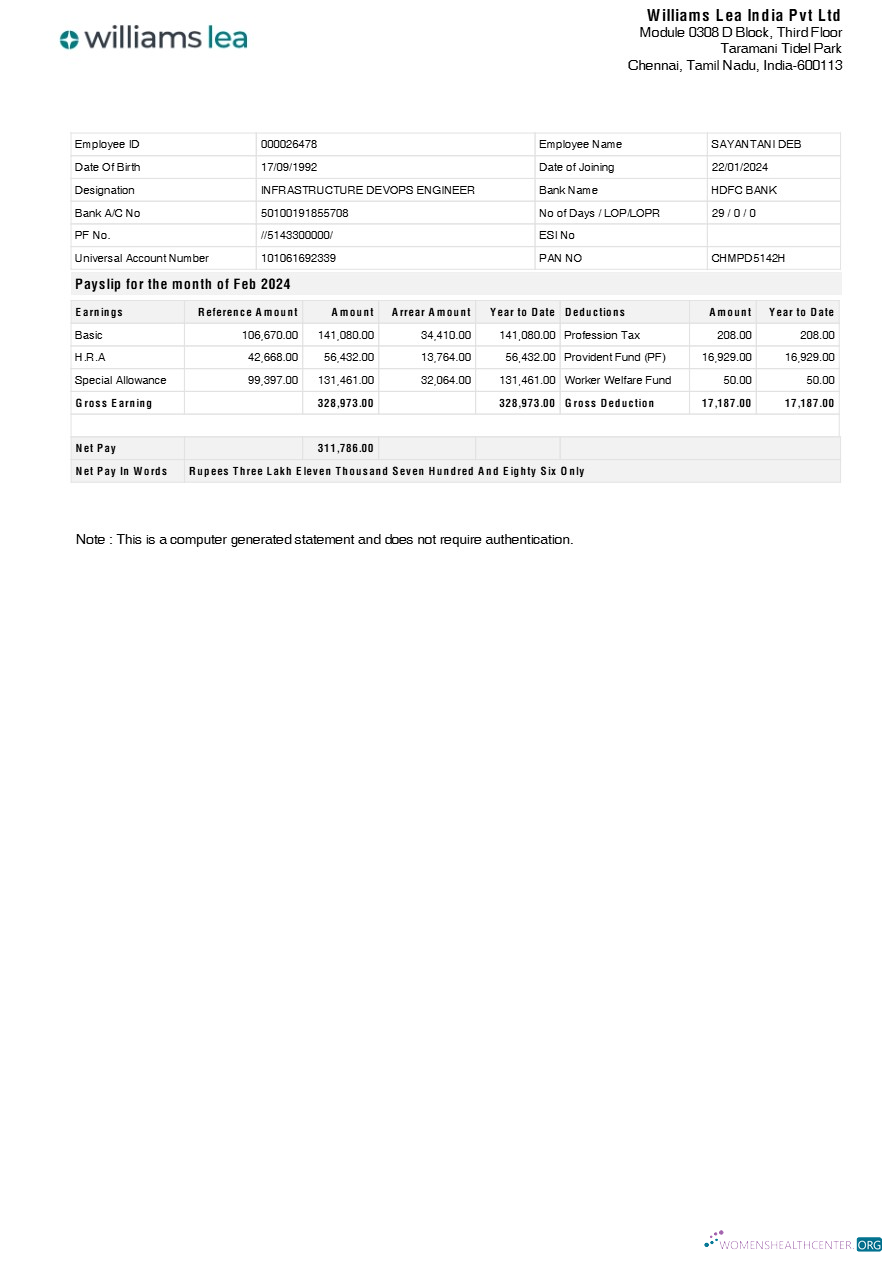 Download Williams Lea India corporate office payslip template in Word and PDF formats.pdf, 1 Photoshop template